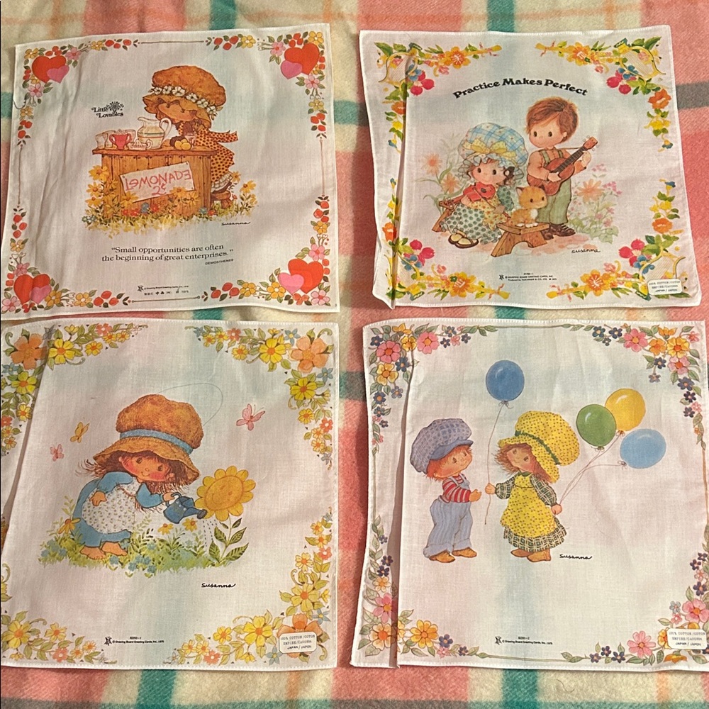 Set of 4 vintage handkerchiefs, 1970, 100% cotton, made in Japan 11”x11”